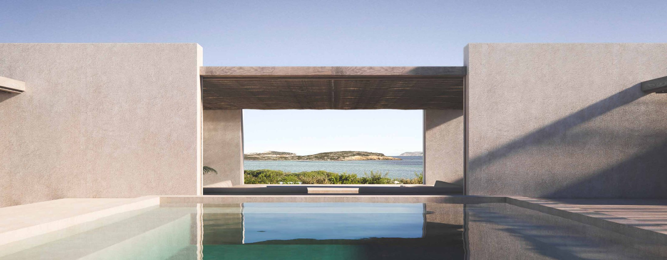 Oikos Residence, Antiparos, framed sea view through pergola
