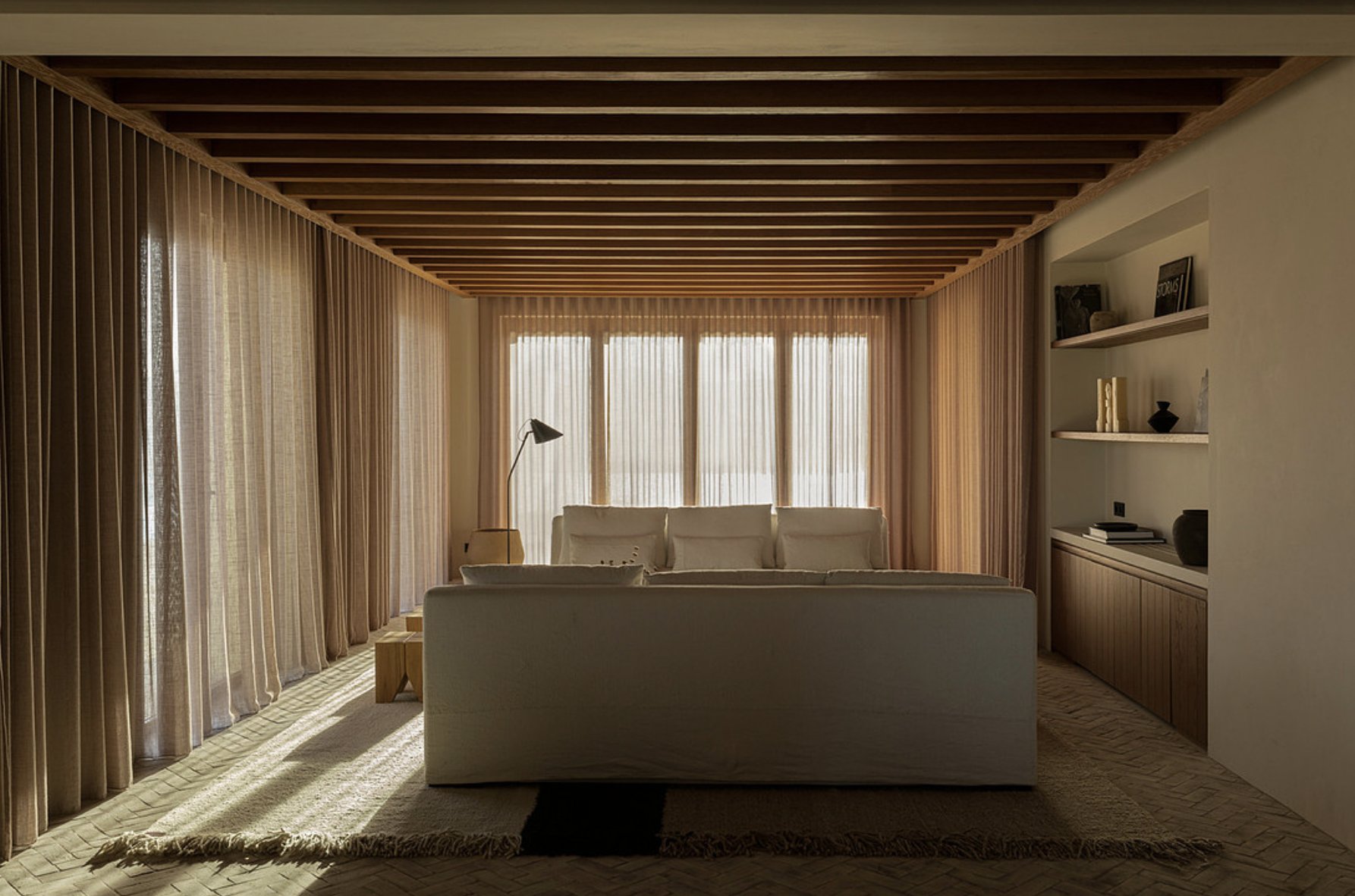 Living room with timber beam ceiling