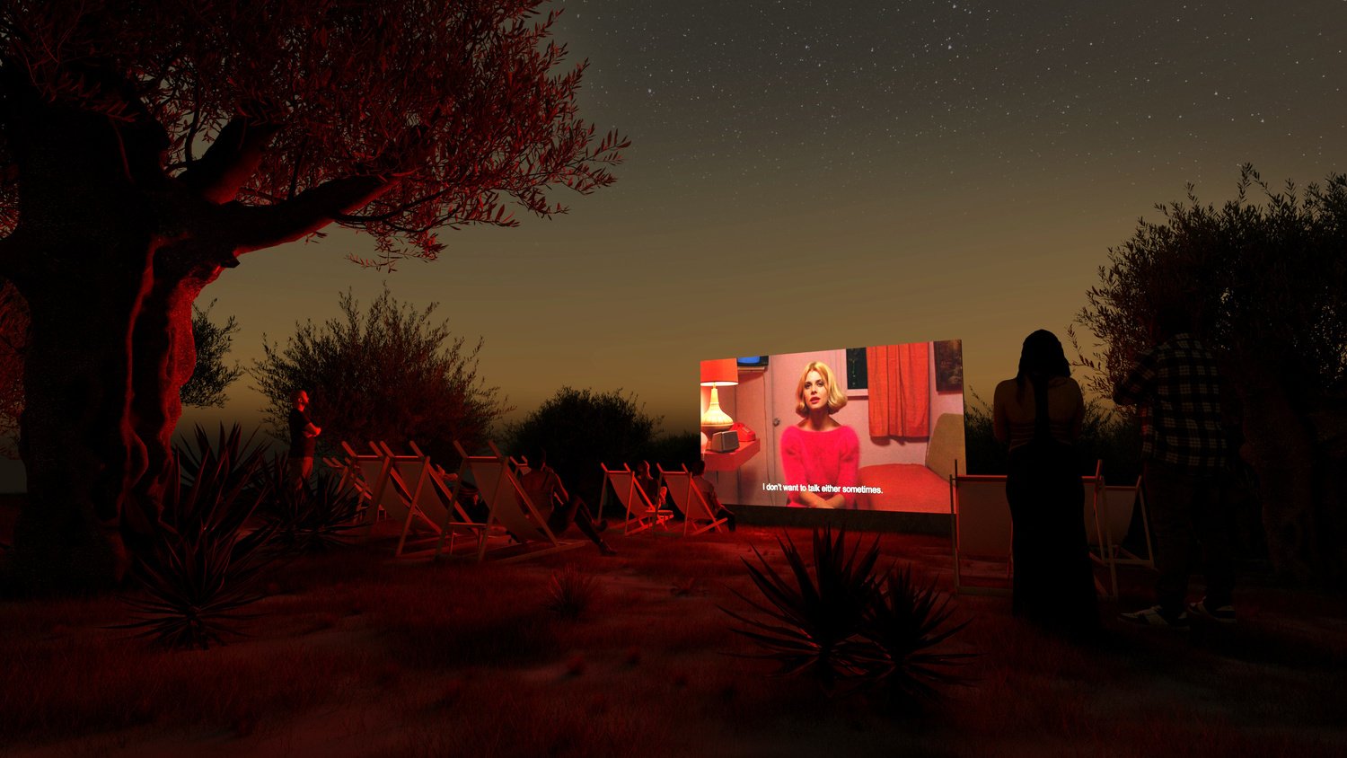 Indicative outdoor cinema at night among olive trees