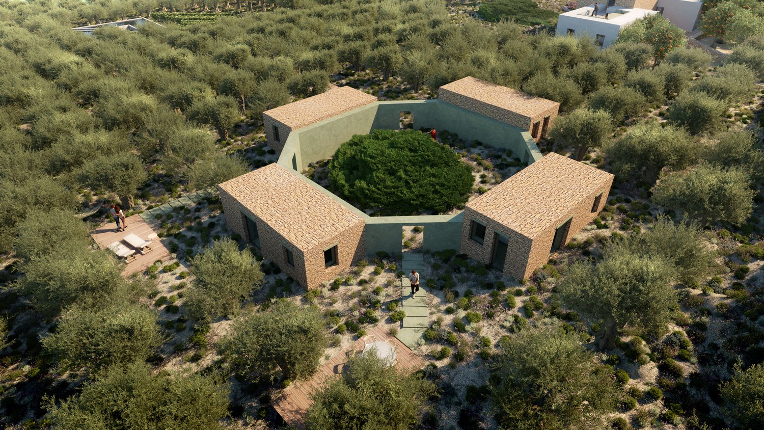 Indicative hexagonal courtyard pavilions set among olive groves