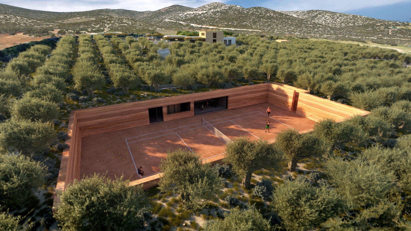 Indicative clay tennis court set among olive trees