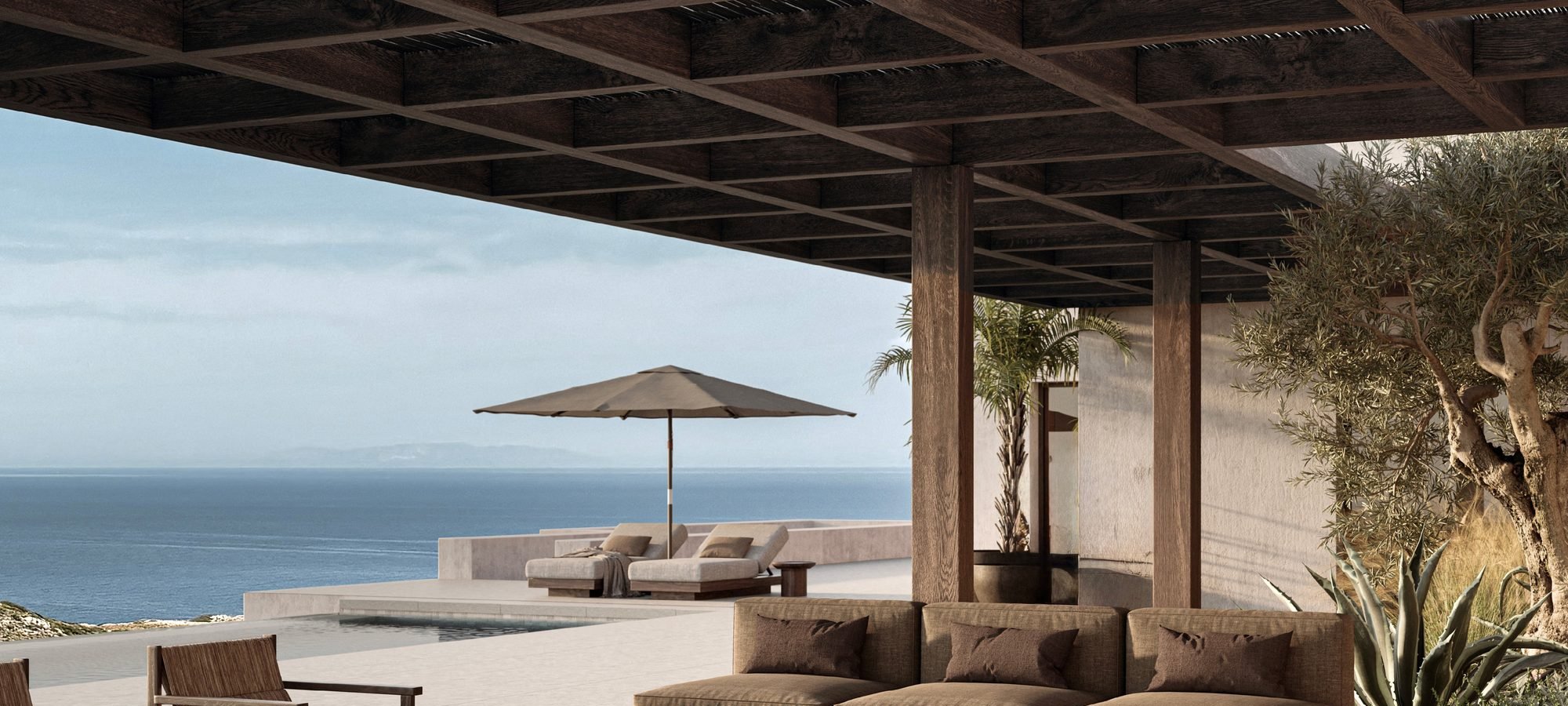 Poolside terrace overlooking the Aegean Sea