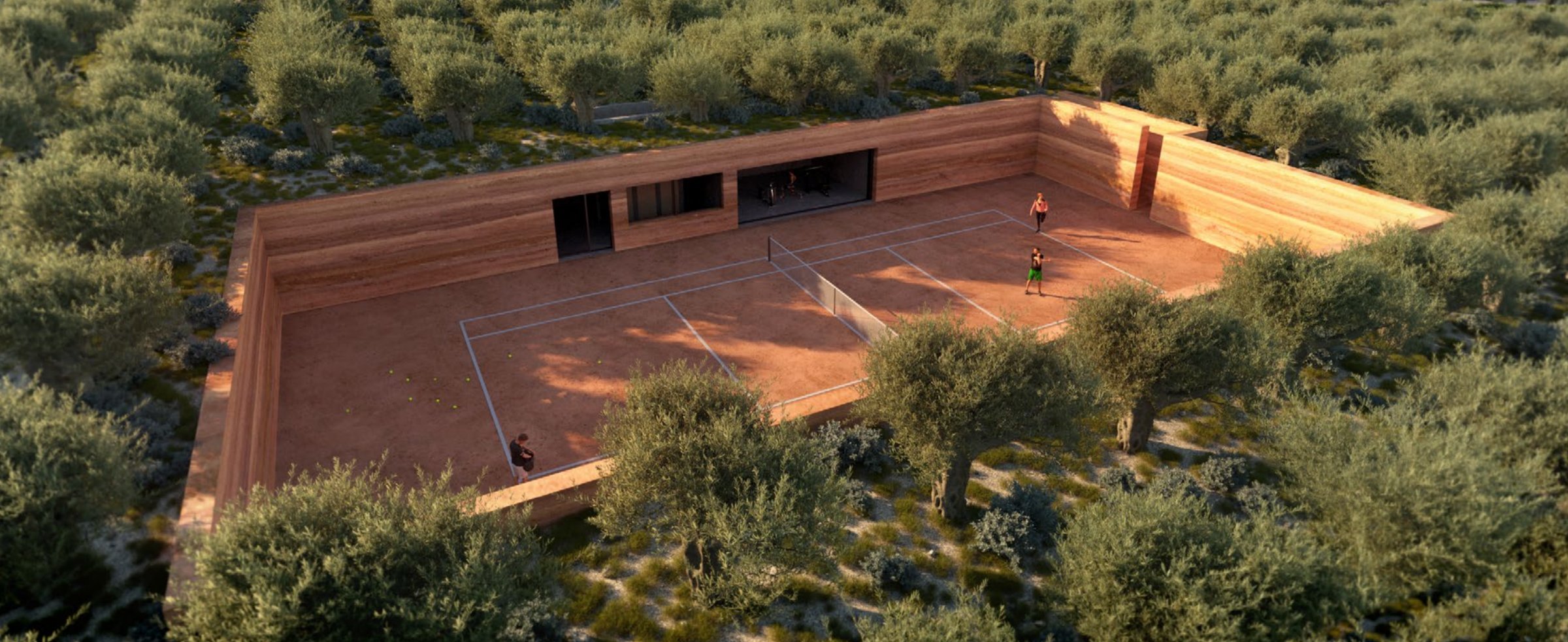 Private clay tennis court set among olive groves